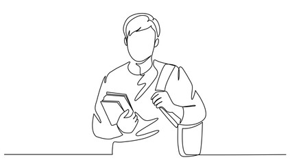 Continuous male student carrying his backpack and books. Concept school, university, study vector illustration
