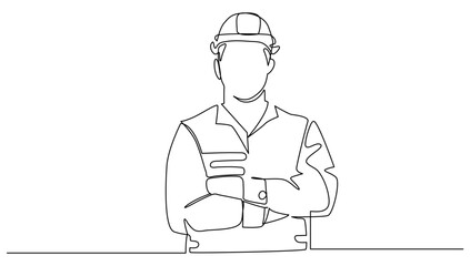 Continuous male architect at a building site with arms crossed. Concept workers ,business vector illustration