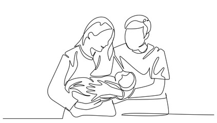 Mother holding newborn child together with father. Concept happy family one line continuous vector illustration