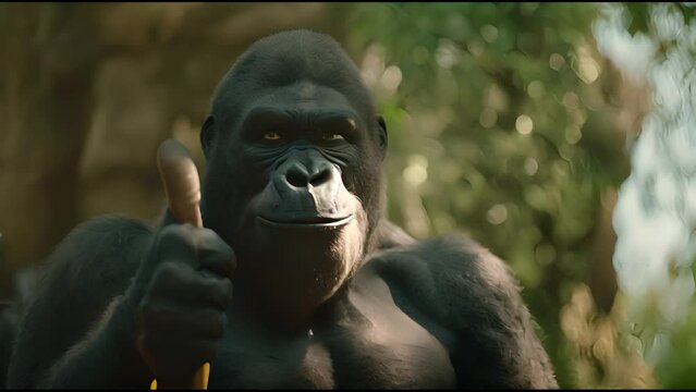 Portrait of friendly gorilla making thumbs up gesture.