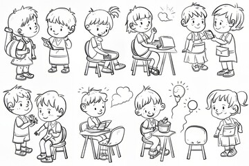 Cartoon cute doodles of children practicing good manners and kindness towards each other in kindergarten, Generative AI