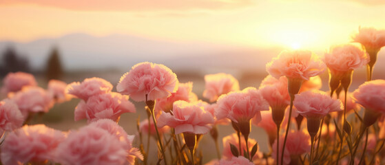 Blooming pink Carnation flowers field in the garden with sunset background with soft focus realism style and soft glowing light created with Generative AI Technology 