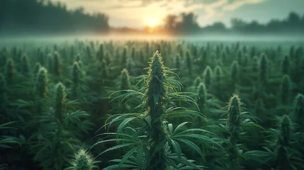 Fotobehang Cannabis or marijuana outdoors plantation growing on the mountains. Wide angle © Vasiliy