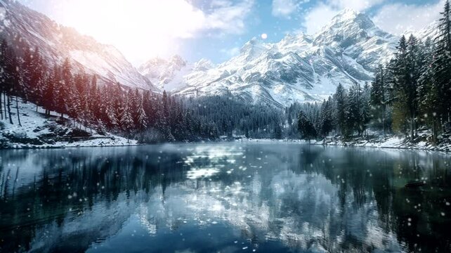 Scenes of snowy mountains, lakes, animated virtual repeating seamless 4k