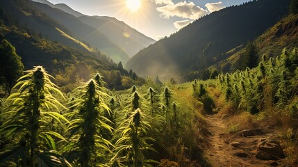 Cannabis or marijuana outdoors plantation growing on the mountains. Wide angle - obrazy, fototapety, plakaty