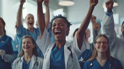 Fotobehang Large diverse multiethnic medical team standing cheering and punching the air with their fists as they celebrate a success or motivate themselves © Sasint