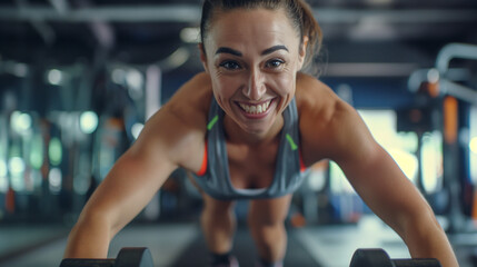 Fototapeta na wymiar Portrait of a smiling young woman training in the gym