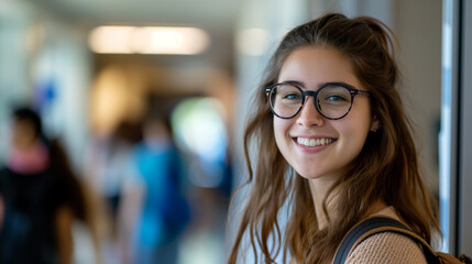 Retrato de uma jovem estudante sorridente em pé no corredor da universidade.