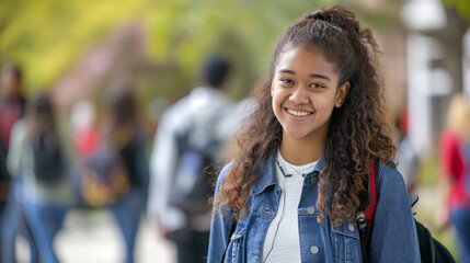 Retrato de uma jovem estudante sorridente em pé no corredor da universidade. - obrazy, fototapety, plakaty