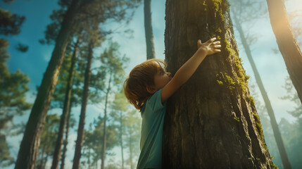 Menino bonitinho abraçando uma árvore no parque em um dia ensolarado