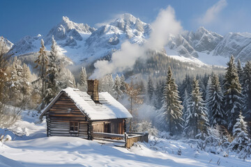 A weathered wood cabin nestled in a snowy forest, smoke rising from its chimney, and a snow-covered mountain range in the background
