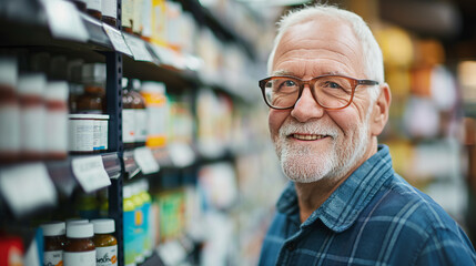 Retrato de homem sênior olhando frascos de remédios na farmácia. - obrazy, fototapety, plakaty
