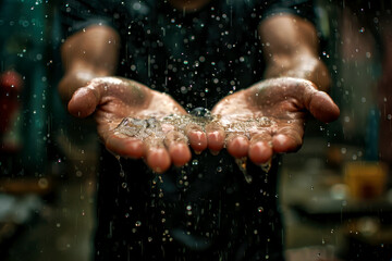 A man catching rain with his hands, generative ai