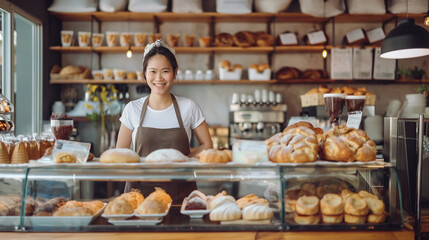 mulher asiática sorridente de avental olhando para a câmera na padaria - obrazy, fototapety, plakaty
