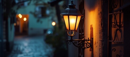 Evening Glow: a solitary street light casting shadows in a narrow alleyway - obrazy, fototapety, plakaty