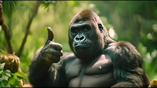 Portrait of friendly gorilla making thumbs up gesture.