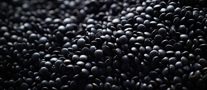 A close-up view showcasing a bunch of black lentils against a textured background. The image focuses on the intricate details and patterns of the black balls.
