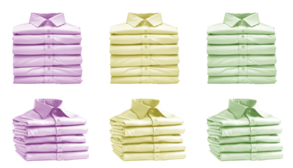 3 Set of pile stack group of folded blank pastel pastel yellow green lime purple button up long sleeve collar shirt transparent background cutout, PNG file. Mockup template for artwork graphic design