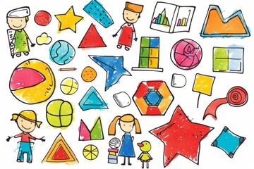 Cartoon cute doodles of kindergarten students learning about shapes and colors through fun games and activities, Generative AI