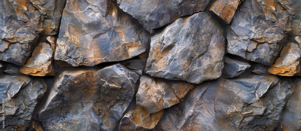 Poster this close-up showcases a rock wall constructed entirely of various-sized rocks, creating a textured