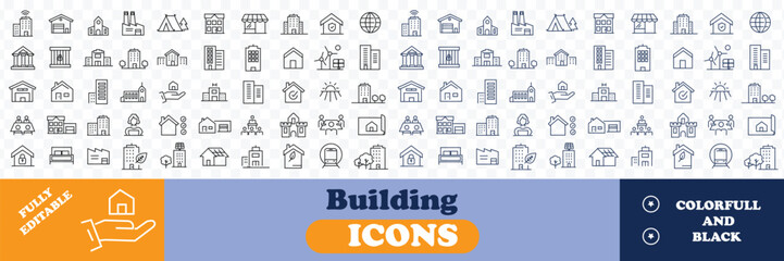 Building icons Pixel perfect. Home, tower, garage, ..