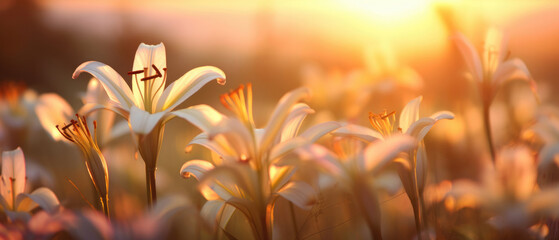 Blooming yellow Lily flowers field in the garden with sunset background with soft focus realism style and soft glowing light created with Generative AI Technology 