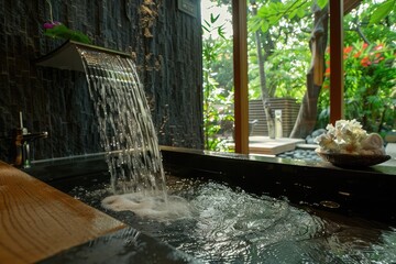 Luxury bathtub with running water. Modern interior design. AI Generated 