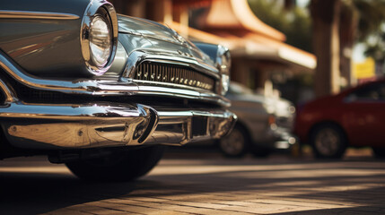 front bumper of a classic vintage car parked on the side of the road at sunset with golden light created with Generative AI Technology