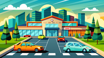 Vector illustration of cars driving on a busy street and cars parking in the streetside shopping mall parking lot.