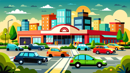 Vector illustration of cars driving on a busy street and cars parking in the streetside shopping mall parking lot.