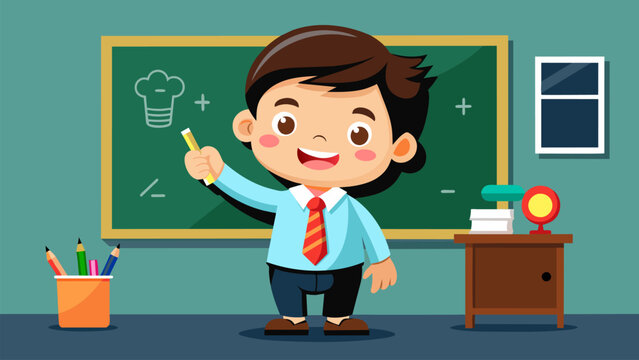 Vector illustration of child standing in front of a chalkboard full of school supplies, ready for a day of learning.