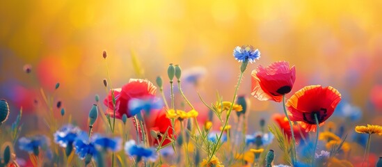 Obraz na płótnie Canvas Radiant Field of Vibrant Flowers Against a Sunlit Yellow Background