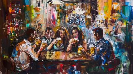 Multiracial group of happy friends having fun while toasting beer in a bar.