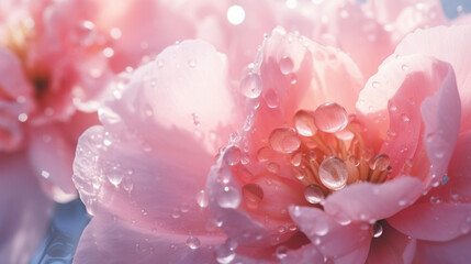 Fototapeta premium Beautiful close-up of blooming purple Peony Flower Petals Sparkling dewdrops on bright background illuminated by morning rays natural lighting golden light