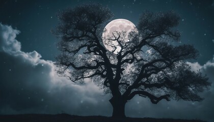 Fototapeta na wymiar Enchanting Night Sky: Full Moon Peeking Through Clouds and Majestic Tree