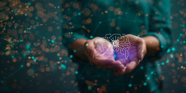  Focused Businessman Grasps AI Icon for Big Data, Machine Learning, Tech Solutions