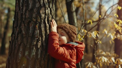 Net zero and carbon neutral concept. Child hugging a tree in the outdoor forest. global problem of carbon dioxide and global warming. Love of nature. greenhouse gas emissions target Climate Neutral
