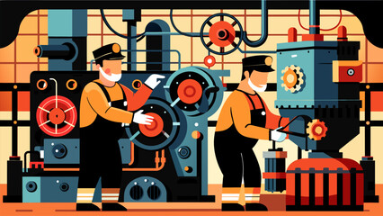 Vector illustration of workers working in a factory.