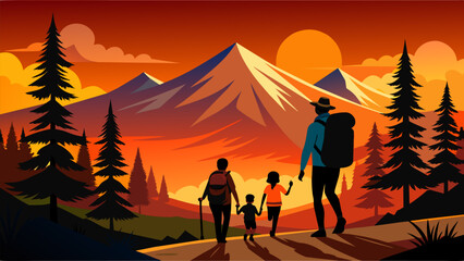 Fototapeta premium Vector illustration of a family going for a nature walk at sunset.