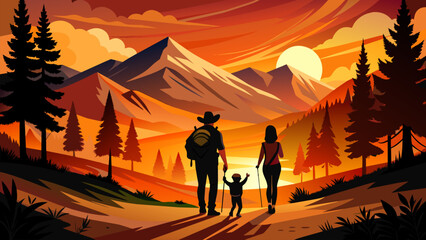 Vector illustration of a family going for a nature walk at sunset. - obrazy, fototapety, plakaty