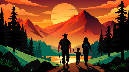 Vector illustration of a family going for a nature walk at sunset. - obrazy, fototapety, plakaty