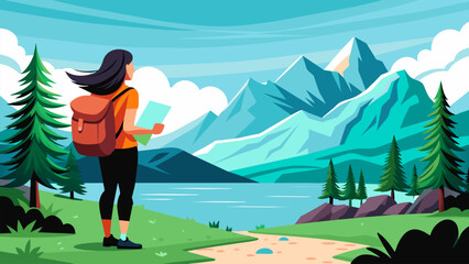 Obraz na płótnie Canvas Vector illustration of a female traveler going hiking with a backpack.