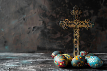 An Armenian Apostolic Cross with beautiful, handpainted Greek, Orthodox Easter eggs on a dark slate stone background representing a Christian religious theme. - obrazy, fototapety, plakaty