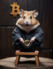 A hamster dons a martial arts gi and holds a Bitcoin, set against a dojo backdrop with a Bitcoin emblem. This image creatively fuses traditional martial arts with the modernity of cryptocurrency. AI - obrazy, fototapety, plakaty