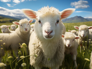 Obraz premium A close-up of a group of fluffy white sheep on green field. 