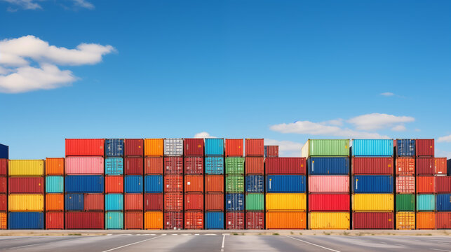 A close-up of a container storage yard with rows of multicolored shipping containers neatly stacked, under a clear blue sky.