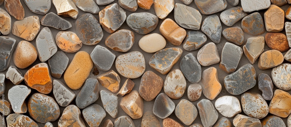 Poster this close-up showcases a rock wall constructed entirely of rocks. the texture and color variations 