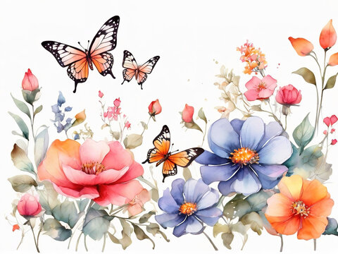 Watercolor flowers and butterfly. Hand painted floral background for your design
