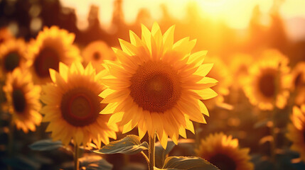 Blooming sunflowers flowers field in the garden with sunset background with soft focus realism style and soft glowing light created with Generative AI Technology