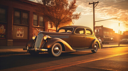 Classic vintage car vehicle parked on the side of the road at sunset Golden Hour light created with Generative AI Technology 